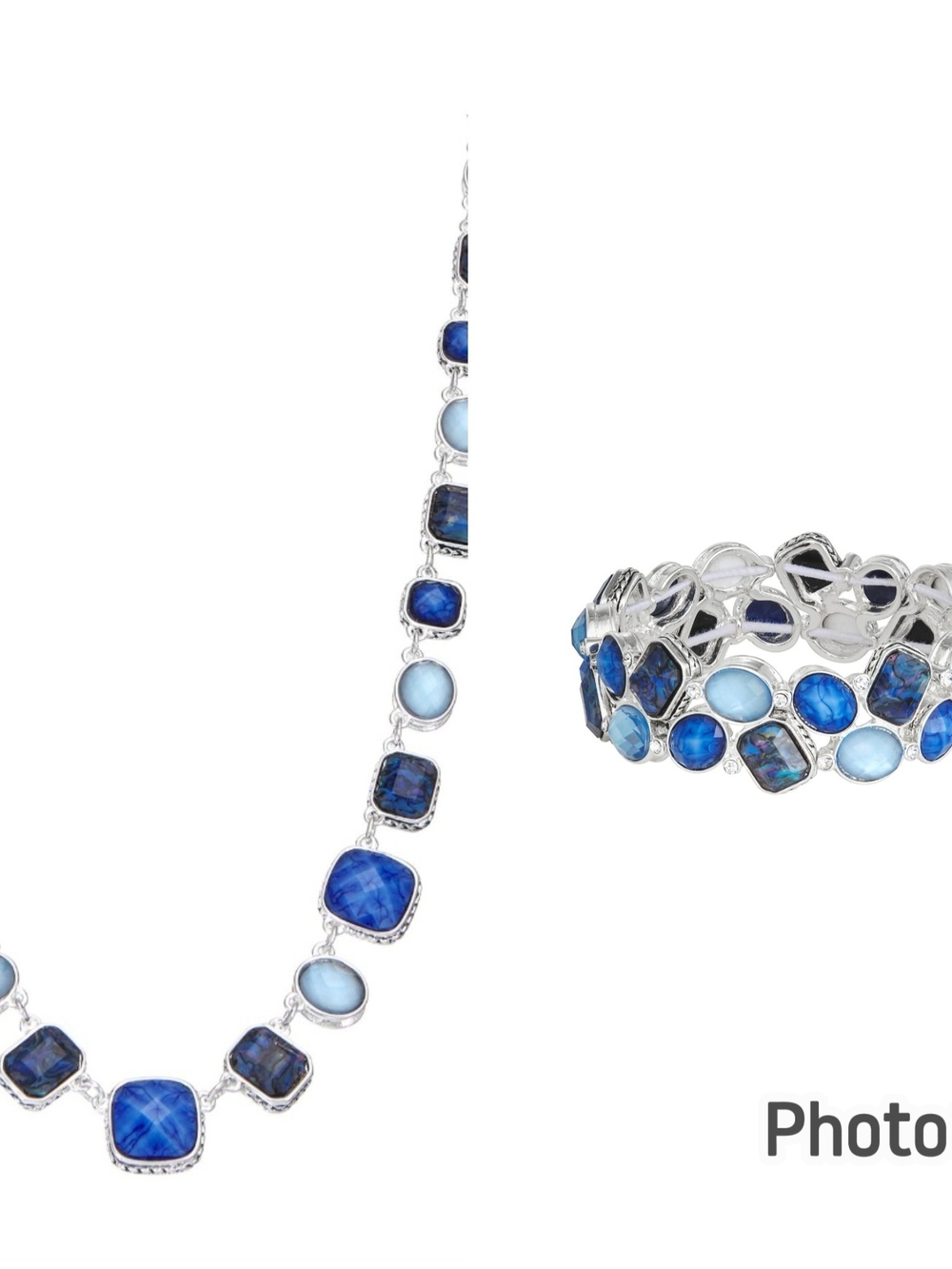 Napier Silver Tone Blue Simulated Stone Necklace & Matching Stretch Bracelet